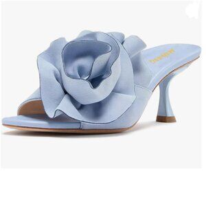Maiyang Light Steel Blue Flower Decor Open Toe Mules Slip on High Heel Sandals